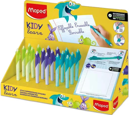 Maped Kidy Lern Magic Expositor con 18 Boligrafos Borrables con Guia para Dedos - Modelos Tiburon, Conejo y Camaleon - Tinta Color Azul - Recomendado para Niños de 4 a 10 Años