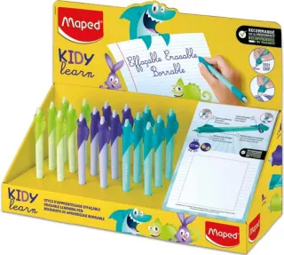 Maped Kidy Lern Magic Expositor con 18 Boligrafos Borrables con Guia para Dedos - Modelos Tiburon, Conejo y Camaleon - Tinta Color Azul - Recomendado para Niños de 4 a 10 Años