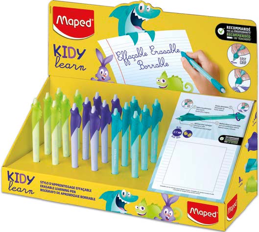 Maped Kidy Lern Magic Expositor con 18 Boligrafos Borrables con Guia para Dedos - Modelos Tiburon, Conejo y Camaleon - Tinta Color Azul - Recomendado para Niños de 4 a 10 Años