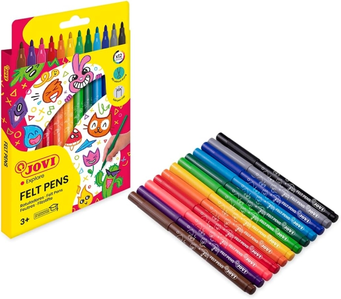 Jovi Pack de 12 Rotuladores - Punta de 3mm - Trazo Medio - Amplia Variedad de Tonos - Tinta de Gran Fijacion - Capuchon de Ventilado - Grip Triangular Ergonomico - Colores Surtidos