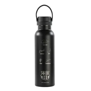 Safta F.C.Barcelona Botella Reutilizable 600mL - Doble Pared - Base de Silicona - Acero Inoxidable - Tapon a Rosca con Asa - 12H Caliente / 24H Frio - 25x7.3x7.3cm - Color Negro