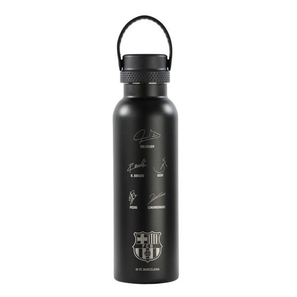 Safta F.C.Barcelona Botella Reutilizable 600mL - Doble Pared - Base de Silicona - Acero Inoxidable - Tapon a Rosca con Asa - 12H Caliente / 24H Frio - 25x7.3x7.3cm - Color Negro