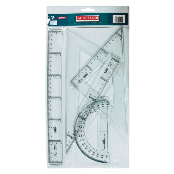 Safta Pack de 4 Reglas - Regla de 30cm - Escuadra de 25cm - Cartabon de 25cm - Semicirculo Transportador de Angulos - Biselado - Color Transparente