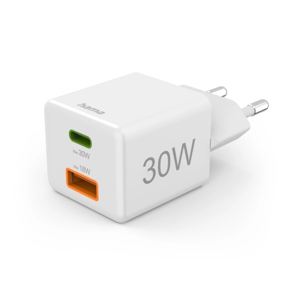 Hama Cargador de Pared - Potencia 30W - USB-C - USB-A - Power Delivery - Qualcomm - Color Blanco