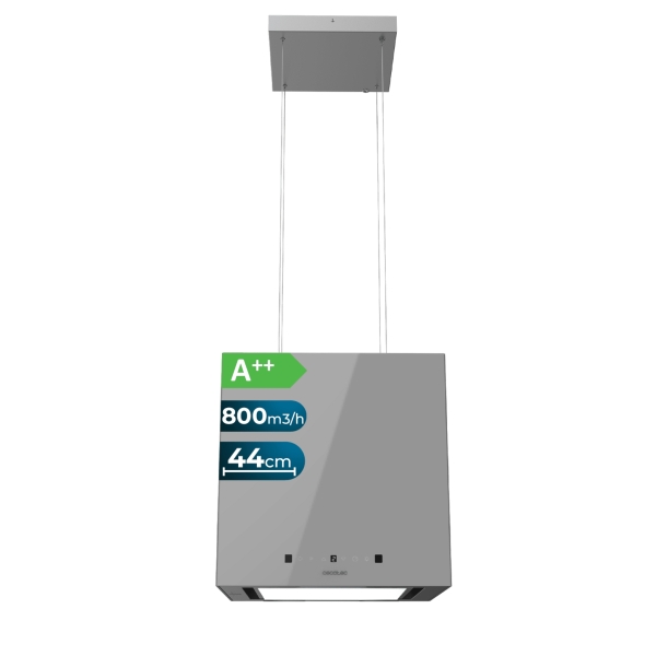 Cecotec Bolero Flux CCT 448000 Glass Grey A++ Campana Extractora Colgante de 44cm - 210W - Succion 800m3/h - Luz LED - Pantalla LED - Incluye Accesorios - Filtros de Carbono Incluidos - Colo