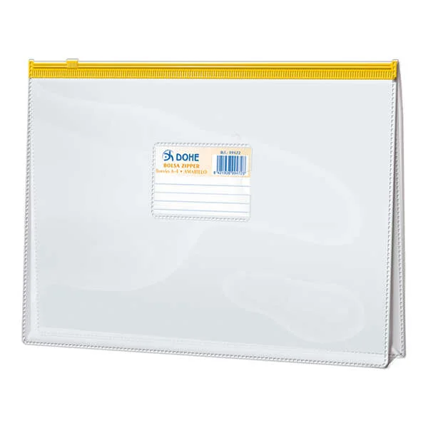 Dohe Bolsa Zipper Folio Apaisado PVC Transparente 150 Micras - Apertura Superior - Cierre Zip Hermetico en Color Amarillo