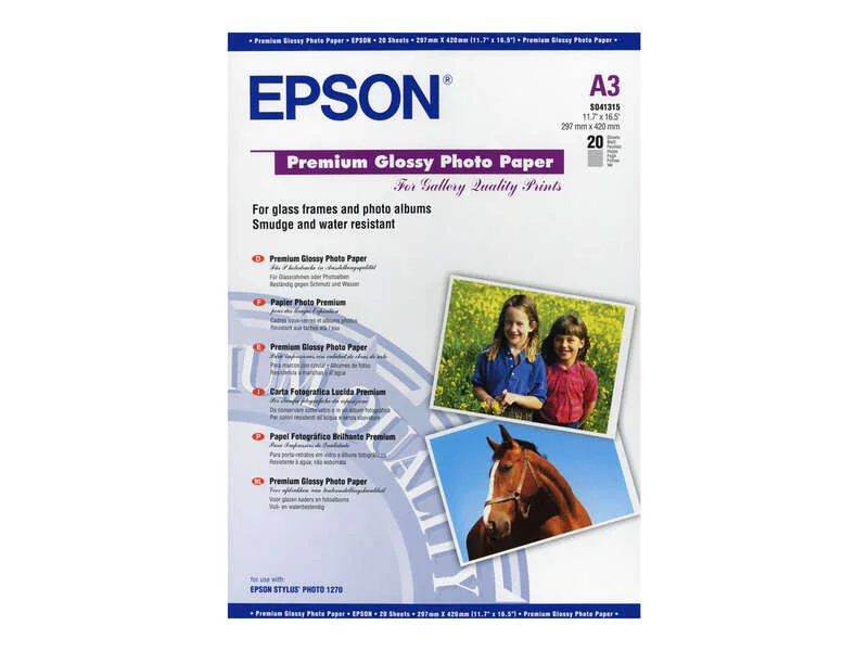 Epson C13S041315 Papel Fotografico A3 255gr - Acabado Brillante - 20 Hojas - para Impresoras de Tinta
