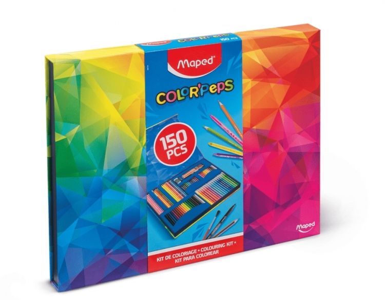 Maped Color`Peps Pack de 150 Piezas para Colorear con Rotuladores, Lapices de Colores Fuertes, Infinity, Aqua, Pastel y Duo World, Ceras, Rotulador con Purpurina, Lapiz Grafito, Pincel, Goma