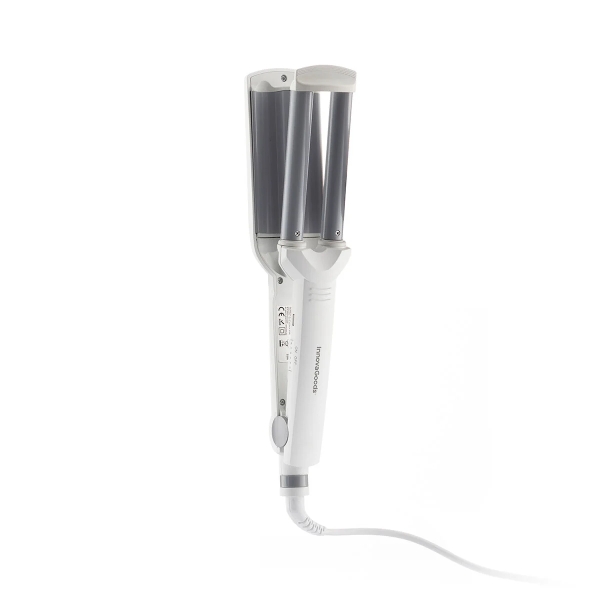 Innovagoods Wavio Plancha de Pelo Ceramica para Ondas - 55W - Cable 180cm - Temperatura hasta 200ºC - Indicador LED - Tecnologia Ptc - 6.3x30x4cm - Color Blanco y Gris