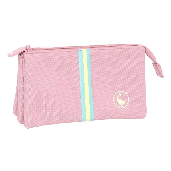 Safta el Ganso Basics Pink Portatodo - 3 Compartimentos con Cremalleras - Bolsillo Interior - 0.6L - 220x30x120mm - Color Rosa