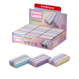 ErichKrause Pastel Lines Expositor con 36 Gomas de Borrar - Caucho Termoplastico - No Deja Residuos - No Rasga el Papel - Libre de PVC - Colores Surtidos