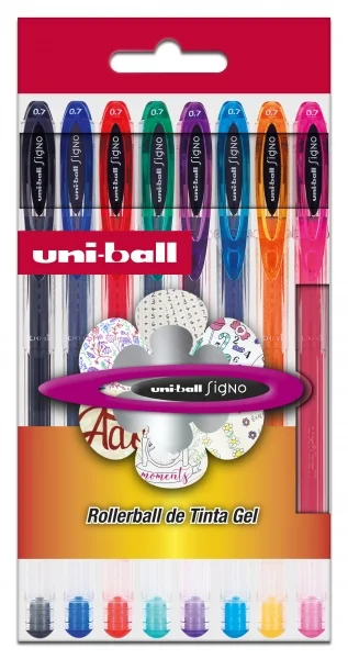 Uni-ball Signo Basico Pack de 8 Boligrafos de Tinta Gel - Punta de Bola 0.7mm - Tinta Resistente al Agua y Luz - Colores Surtidos