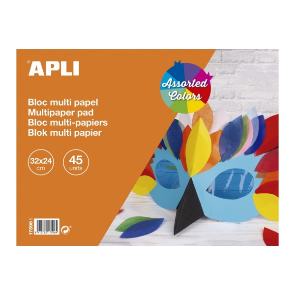 Apli Bloc 45 Hojas de Papeles Surtidos - Papel Charol, Papel Seda, Papel Celofan, Papel Aluminio y Cartulina - Ideal para Manualidades y Scrapbooking - Colores Surtidos