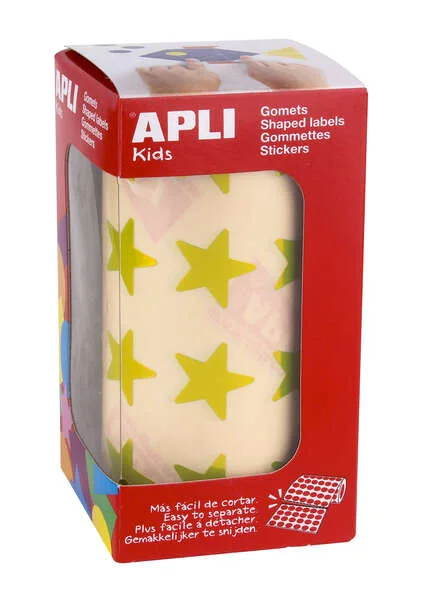 Apli Gomets Estrella Amarillo Metalizado - Tamaño 19.5mm - 1416 Gomets por Rollo - Adhesivo Base Agua - Normas EN-71 y FSC