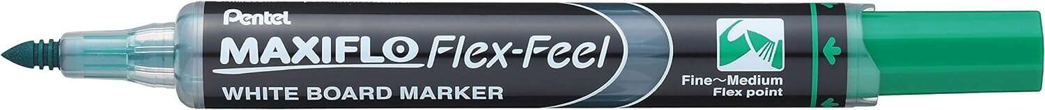 Pentel Maxiflo Flex-Feel Rotulador para Pizarra Blanca - Punta Flexible 4.6mm - Trazo de 1 a 5mm - Dosificacion de Tinta mediante Embolo - Color Verde · Pack de 12 uds.