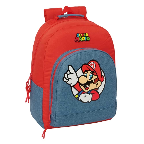 Safta Super Mario Mochila - Adaptable a Carro - Bolsillo Frontal - Espalda Acolchada - Cremallera con Doble Tirador - Asa de Mano - Hombreras Ergonomicas - 32x42x15cm - Color Rojo y Azul