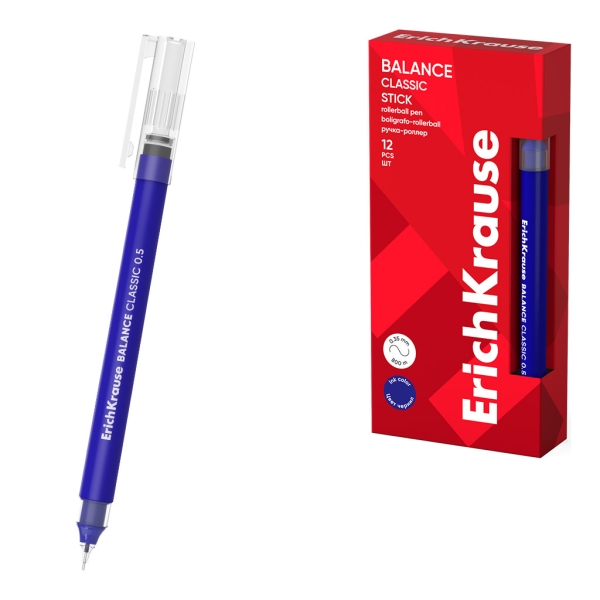 ErichKrause Balance Stick Classic Boligrafo con Capuchon - Punta de 0.5mm - Trazo 0.35mm - Tinta Libre con Regulador de Alimentacion - Color Azul · Pack de 12 uds.