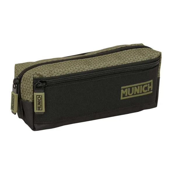 Safta Munich West Portatodo - 3 Compartimentos con Cremalleras - Goma Elastica - 0.98L - 220x60x85mm - Color Negro y Verde