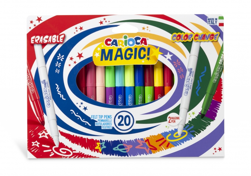 Carioca Magic Markers Pack de 20 Rotuladores Magicos - Tinta Magica Cambia de Color - Incluye Rotulador Magink para Cambiar o Borrar Colores - Punta Maxi Bloqueada con Tapa Ventilada - Color