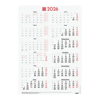 Finocam Poster Calendario Tipo Poster en Catalan - Anual 2026 - Espacio para Escribir - 485x680mm - Numeros Grandes - Color Blanco y Rojo