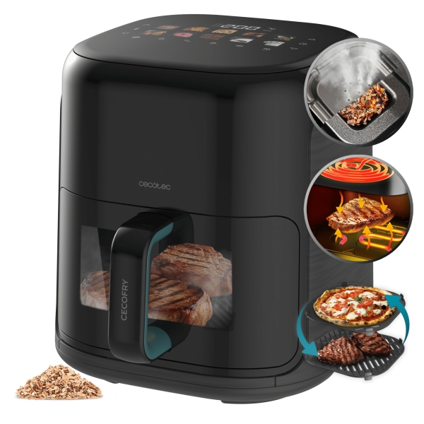 Cecotec Cecofry and Grill Smokin'Prime 4000 Freidora de Aire - 1900W - Capacidad 4L - Temperatura Regulable hasta 200ºC - Ahumador Integrado - Doble Resistencia - Ventana de Visualizacion -
