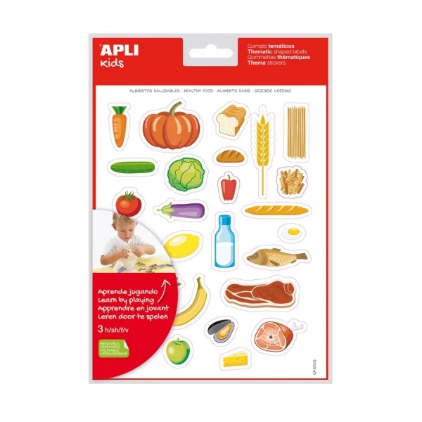 Apli Bolsa de Gomets Tematicos Alimentos Saludables - Adhesivo Removible - Ilustraciones Divertidas - Fomenta Habilidades Motoras