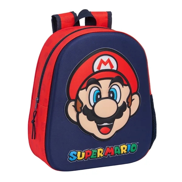 Safta Super Mario Mochila 3D - Asa de Mano - Portabotellas Lateral - 27x33x10cm - Color Rojo y Azul