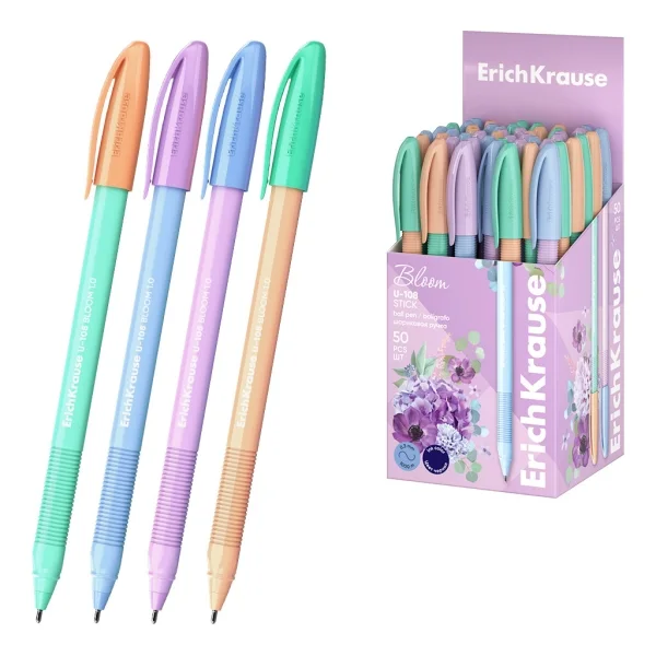 ErichKrause U-108 Stick Pastel Bloom Boligrafo con Capuchon - Punta de 1.0mm - Trazo 0.3mm - Zona de Agarre de Goma - Tinta de Baja Viscosidad - Tapa Ventilada - Colores Surtidos · Pack de 50 uds.