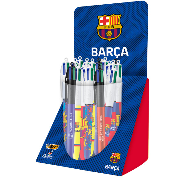Bic 4 Colours Barça Expositor con 30 Boligrafos de Bola Retractil - 6 Diseños Diferentes - Punta Media de 1.0mm