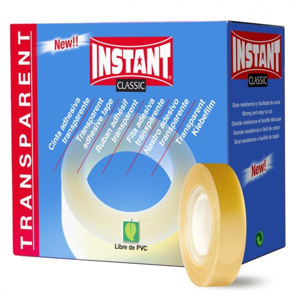 Instant Classic Cinta Adhesiva Transparente 12mm x 33m - Libre de PVC - Transparente · Pack de 24 uds.