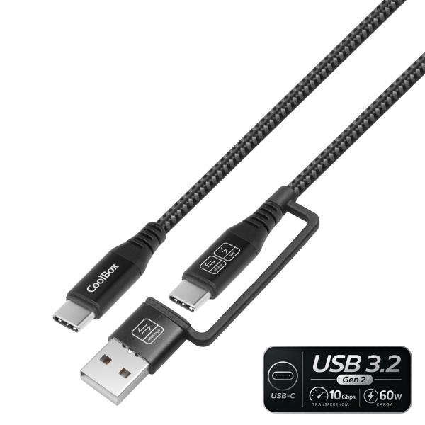 CoolBox Cable USB-C a USB-C 3.2 con Adaptador a USB-A - 60W - Longitud 1,8m - Color Negro