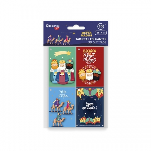Bismark Pack de 4 Tarjetas de Felicitacion Navideña - Diseño con Relieve - Tamaño Cerrada 6x8cm,Abierta 12cm - Se Pueden Colgar - Incluyen Cordon