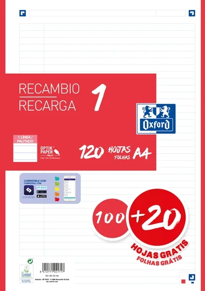Oxford School Recambio A4 120 Hojas 1 Linea - 4 Taladros - Banda de Color Rojo