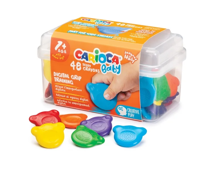 Carioca Baby Teddy Crayons Pack de 48 Ceras - Maletin de Plastico - Certificadas a Partir de 12 Meses - Diseñadas para Entrenar el Agarre Digital - Color Varios