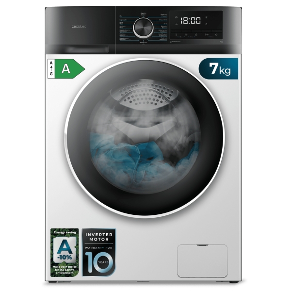 Cecotec Bolero Dresscode 7500 Inverter A Lavadora de Carga Frontal - Capacidad 7kg - Velocidad 1400rpm - Seguro Infantil - Display LED - Motor Inverter - Inicio Programable - Color Blanco y