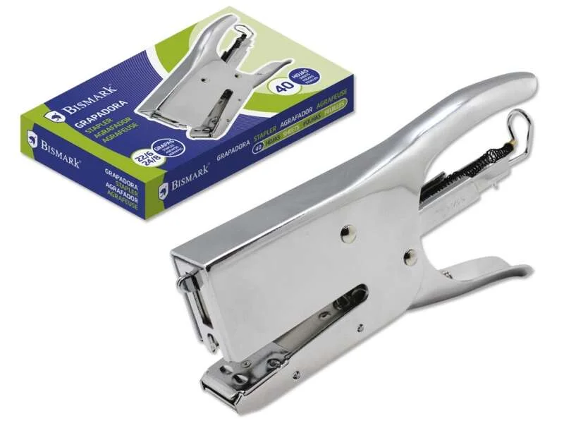 Bismark Grapadora de Tenaza Cromada - Capacidad de Grapado 40 Hojas - Diseño Ergonomico - Alta Durabilidad - Color Plata