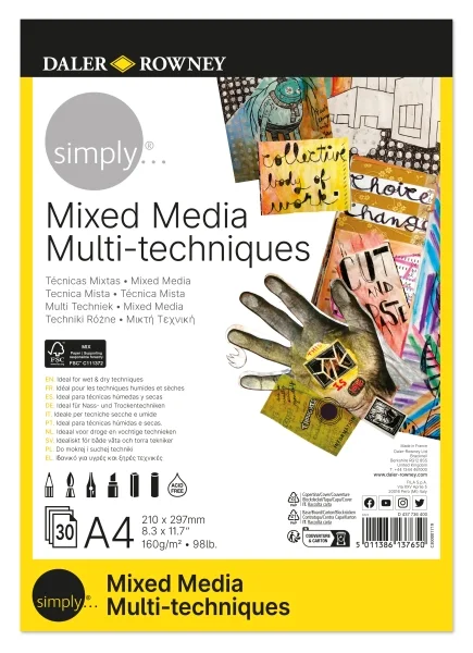 Daler Rowney Simply Bloc Encolado Mix Media - A4 - 160g - 30 Hojas - Color Blanco
