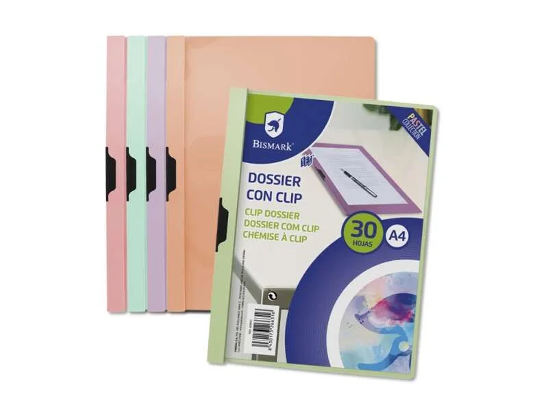 Bismark Dossier con Clip A4 - Capacidad 30 Hojas - Polipropileno Transparente - Clip Metalico Lateral - Colores Pastel Surtidos · Pack de 5 uds.