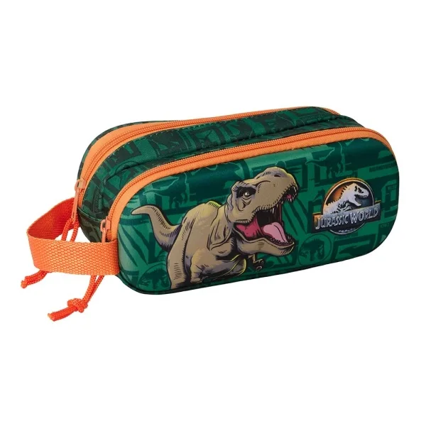 Safta Jurassic World Estuche Portatodo 3D de 1L - 2 Compartimentos - Cierre de Cremallera - Asa de Mano - 21x8x6cm - Color Verde Oscuro