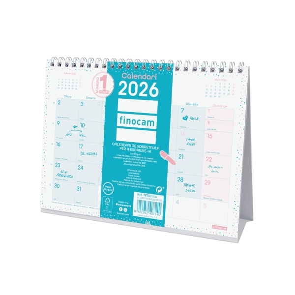 Finocam Chic Calendario de Sobremesa en Catalan - Anual 2026 - 210x70x155mm - Espacio para Escribir - Color Turquesa