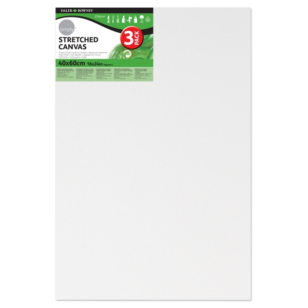 Daler Rowney Simply Pack de 3 Bastidores Entelados- 40x60cm - Imprimacion Triple - Grano Medio - 100% Algodon sin Acido - 250g - Color Blanco