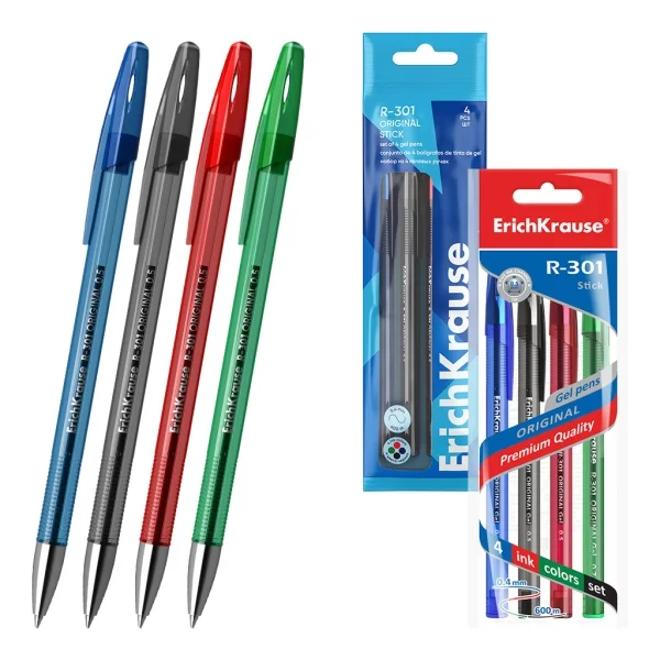 ErichKrause R-301 Gel Stick Original Pack de 4 Boligrafos con Capuchon - Punta de 0.5mm - Trazo 0.4mm - Tinta de Gel - Resistente al Agua - Secado Rapido - Tapa Ventilada - Colores Surtidos