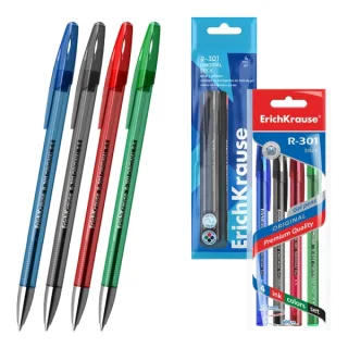 ErichKrause R-301 Gel Stick Original Pack de 4 Boligrafos con Capuchon - Punta de 0.5mm - Trazo 0.4mm - Tinta de Gel - Resistente al Agua - Secado Rapido - Tapa Ventilada - Colores Surtidos