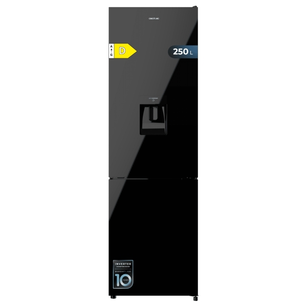 Cecotec Bolero CoolMarket Combi 250 WD Black Glass D Frigorifico Combi - Capacidad 250L - Compresor Inverter - Puerta de Cristal - Dispensador de Agua - Frio Envolvente - 54x57.6x180cm - Col