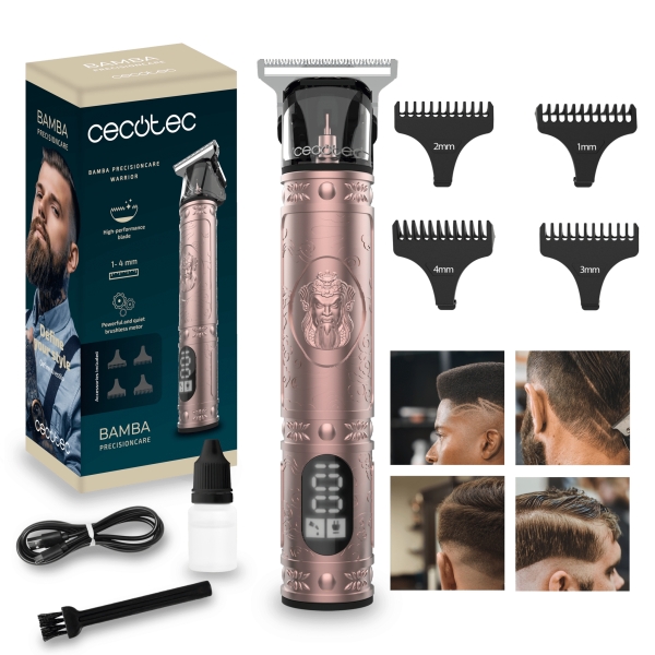 Cecotec PrecisionCare Warrior Afeitadora Recortadora - Recargable - Autonomia hasta 120 Minutos - Pantalla LCD - 4 Peines Guia - Incluye Accesorios - Color Cobre
