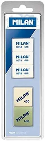 Milan Pack de 5 Gomas de Borrar + 3x Gomas 648 Nata Rectangulares + 2x Gomas 430 Cuadradas - Colores Surtidos