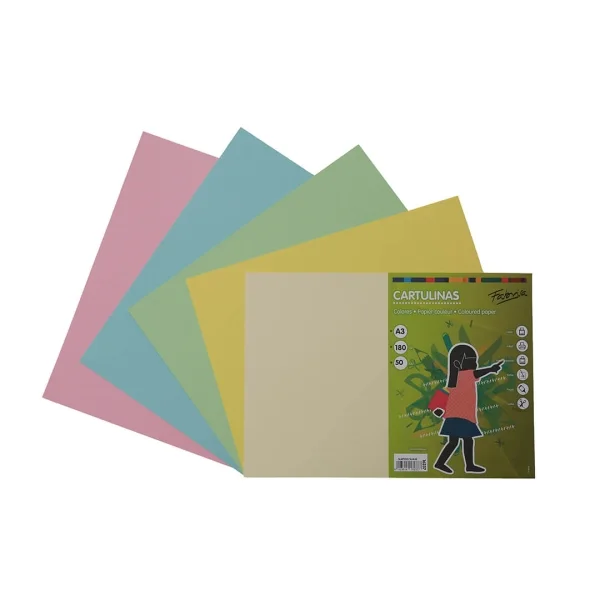 Fabrisa Pack de 50 Cartulinas 180 g/m² - Tamaño A3 - Colores Pastel Surtidos