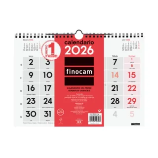 Finocam Calendario de Pared - Anual 2026 - Formato M - 300x5x220mm - Numeros Grandes - Color Blanco y Rojo