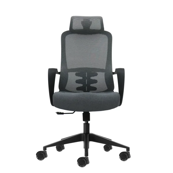 Oqonos Cherg 005 Silla de Oficina Ergonomica con Reposacabezas Cervical Ajustable, Respaldo de Malla Transpirable, Piston de Gas Clase 4, Soporte Lumbar, Reposabrazos Fijos, Asiento Ergonomico Moldeado y Ruedas de Silicona - Gris con Estructura Negra