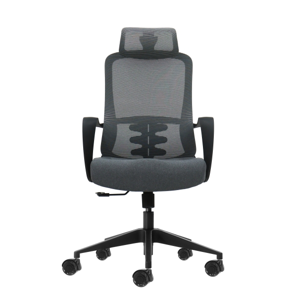 Oqonos Cherg 005 Silla de Oficina Ergonomica con Reposacabezas Cervical Ajustable, Respaldo de Malla Transpirable, Piston de Gas Clase 4, Soporte Lumbar, Reposabrazos Fijos, Asiento Ergonomico Moldeado y Ruedas de Silicona - Gris con Estructura Negra